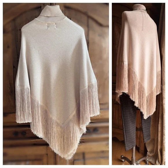 Free People Fringy Poncho S NWT Tan CreamLuxe Boho Winter Layer